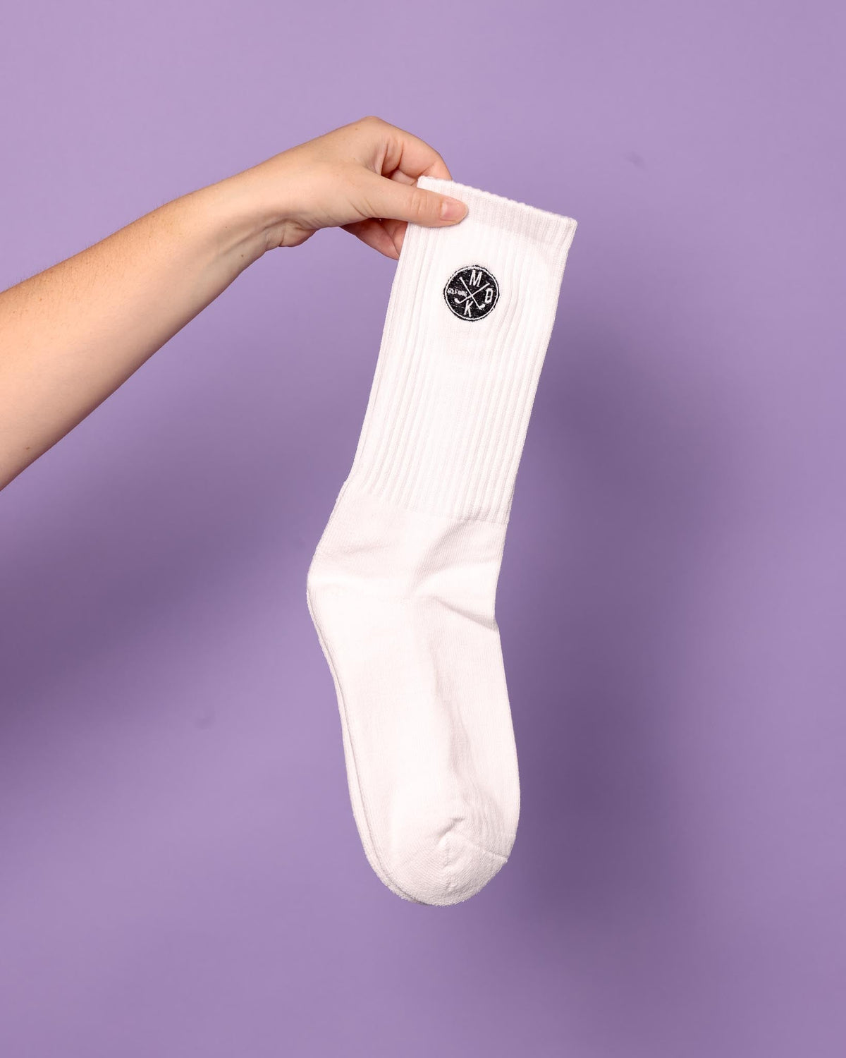 RK Threads branded crew sock in white with embroidered logo